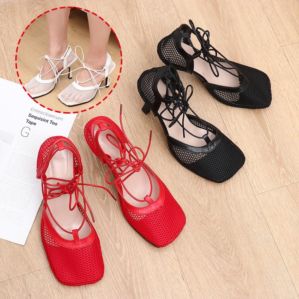 Xăng đan Cao Gót Phối Lưới Thắt Dây Thời Trang Cho Nữ