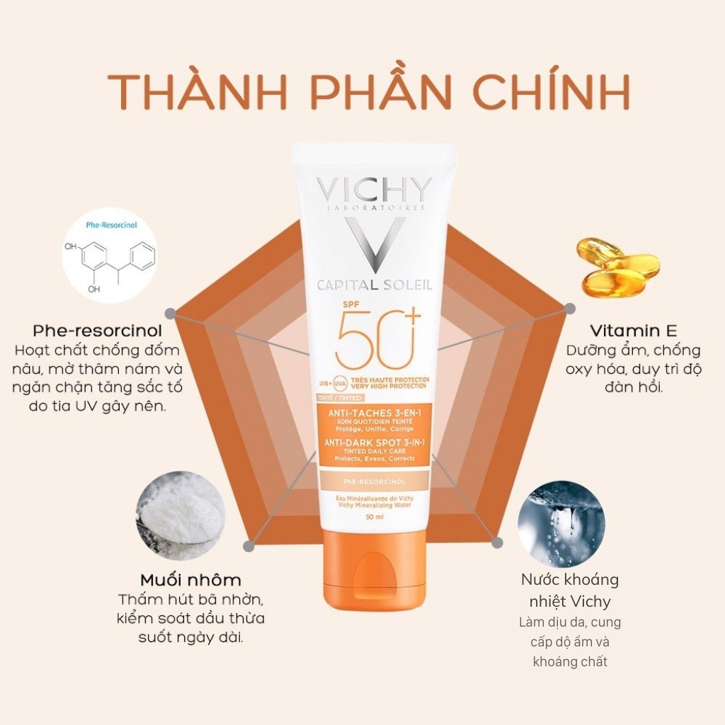 Kem chống nắng VICHY Chống nắng Giảm Thâm Nam Giảm Mụn Nâng Tông Kiềm Dầu Capital Soleil 3in1 SPF 50+ (50ml)