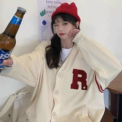 Áo khoác cardigan unisex chất nỉ ngoại phối viền chữ R, mẫu áo khoác cài cúc form rộng