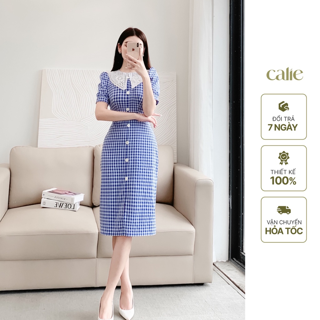 Váy midi phối cổ ren họa tiết kẻ tay bồng nữ tính Calie VM050