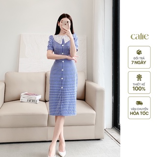 Váy midi phối cổ ren họa tiết kẻ tay bồng nữ tính Calie VM050