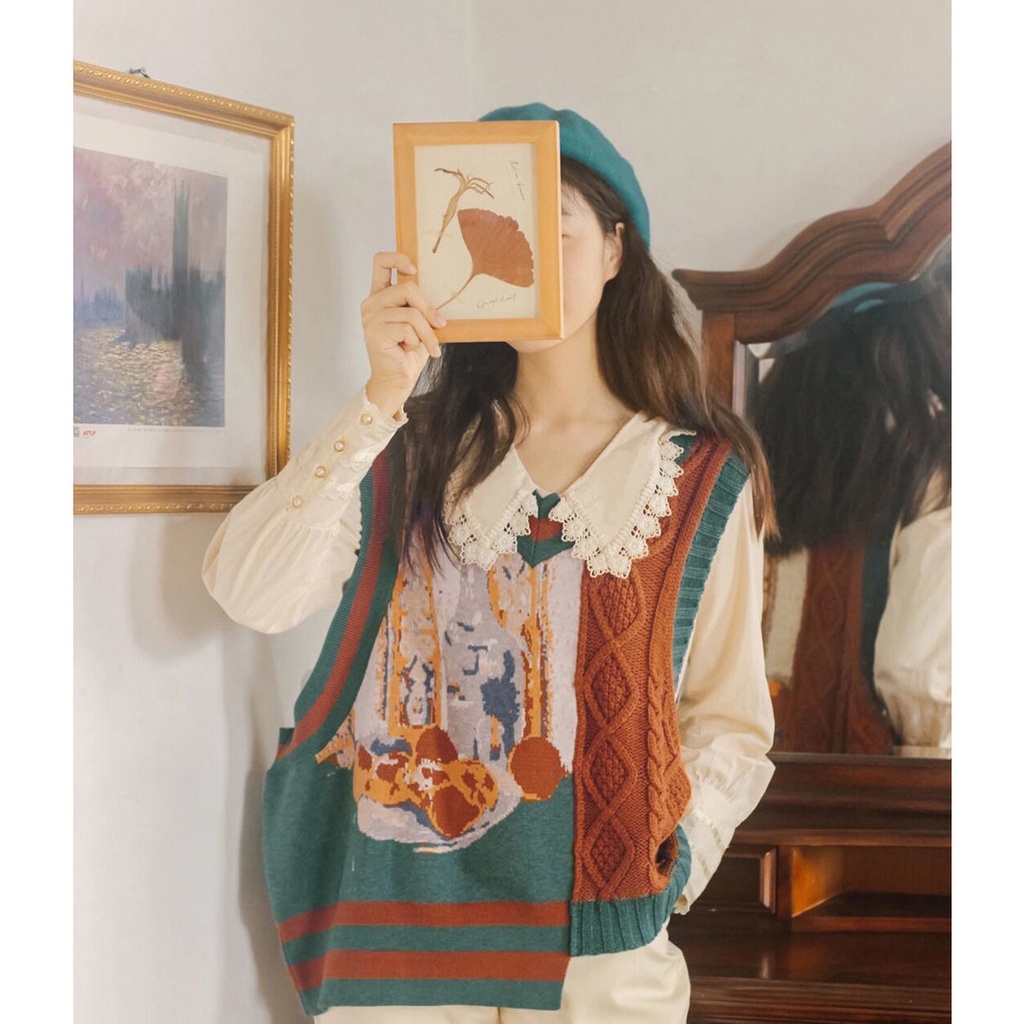 Set áo sơ mi dài tay + áo khoác len không tay phong cách retro dành cho nữ