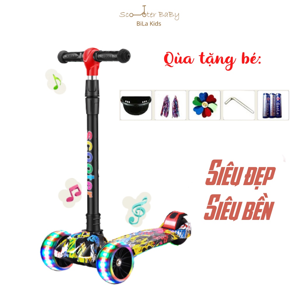 Xe Scooter Cho Bé Có Nhạc Có Đèn Gấp Gọn Thông Minh - Xe Trượt Scooter, Xe Chòi Chân 3 Bánh Phát Sáng Vĩnh Cửu