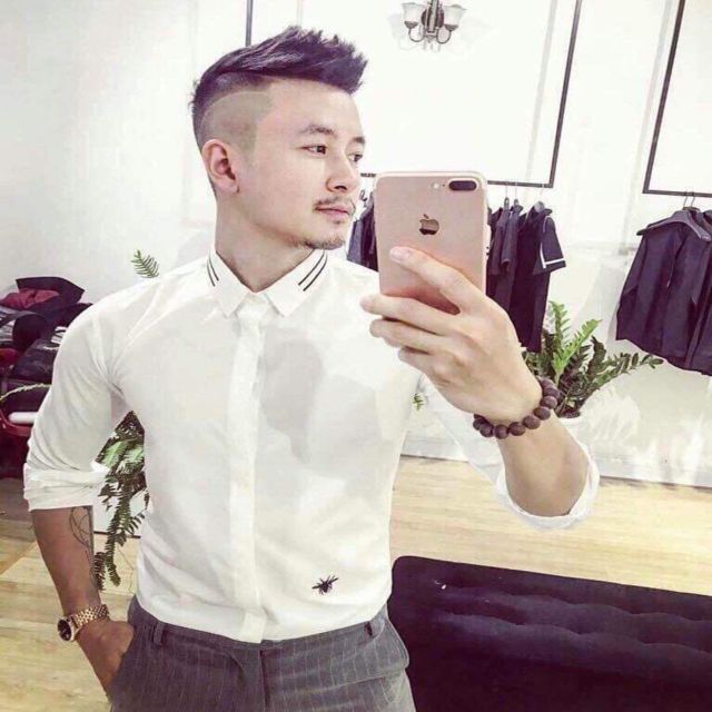 Áo sơ mi nam trắng trơn viền cổ, viền tay thêu hình nhện cá tính