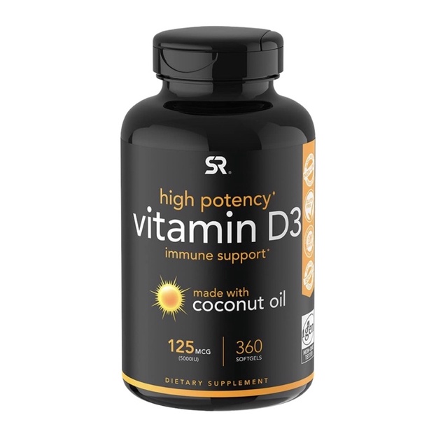 Vitamin D3 không biến đổi gen- hỗ trợ đề kháng và xương Sports Research Max Potency Vitamin D3- 5,000iu 360 viên USA