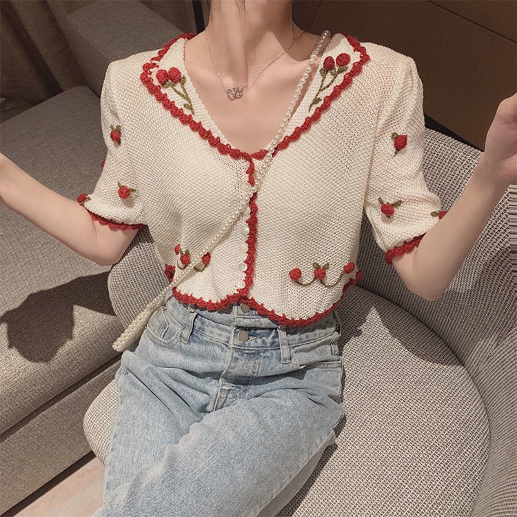 Áo khoác cardigan dệt kim mỏng tay ngắn thêu họa tiết phong cách retro Pháp thời trang xinh xắn cho nữ
