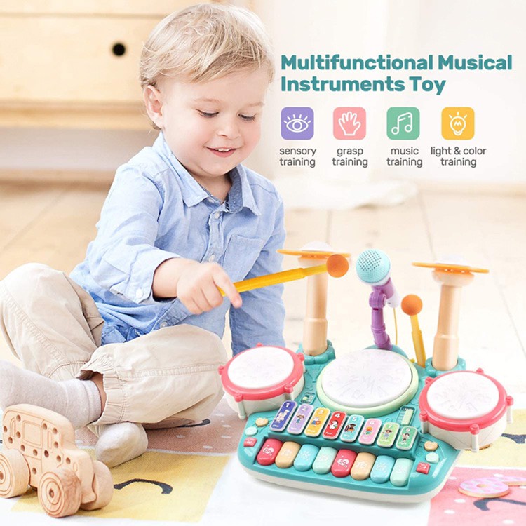 Đồ chơi bộ nhạc cụ trống kết hợp phím đàn piano kèm míc hát cho bé, đồ chơi thông minh sáng tạo cho bé, đa chức năng