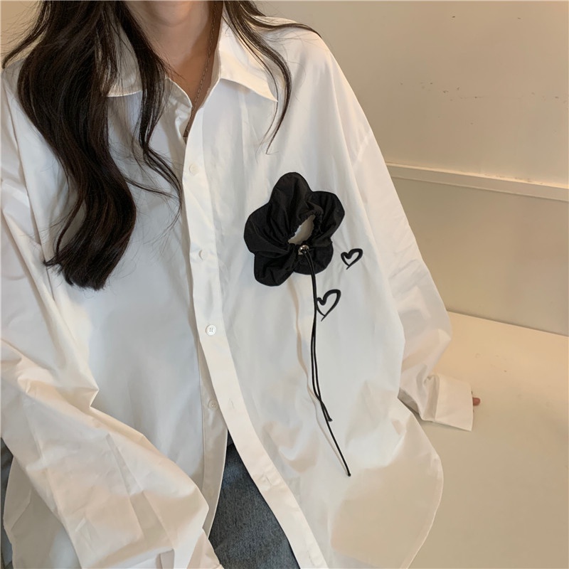 Áo sơ mi ZHELIHANGFEI tay dài dáng rộng thêu họa tiết hoa xinh xắn dễ phối đồ