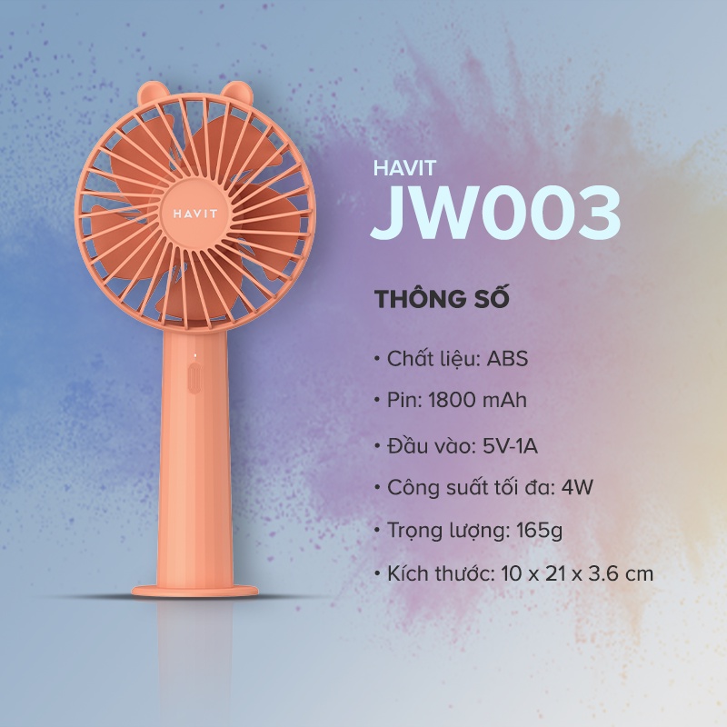 Quạt Sạc Mini Cầm Tay Havit JW003, Pin 1800mAh, 3 Công Suất Gió - Chính Hãng BH 12 Tháng