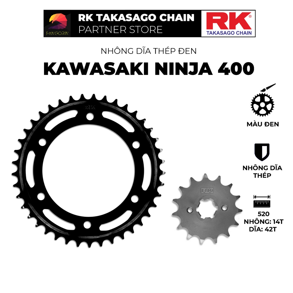 Nhông Dĩa RK Takasago cho xe phân khối lớn Kawasaki Ninja 400, chất liệu: Thép mạ màu đen, độ dày Nhông Dĩa: 520