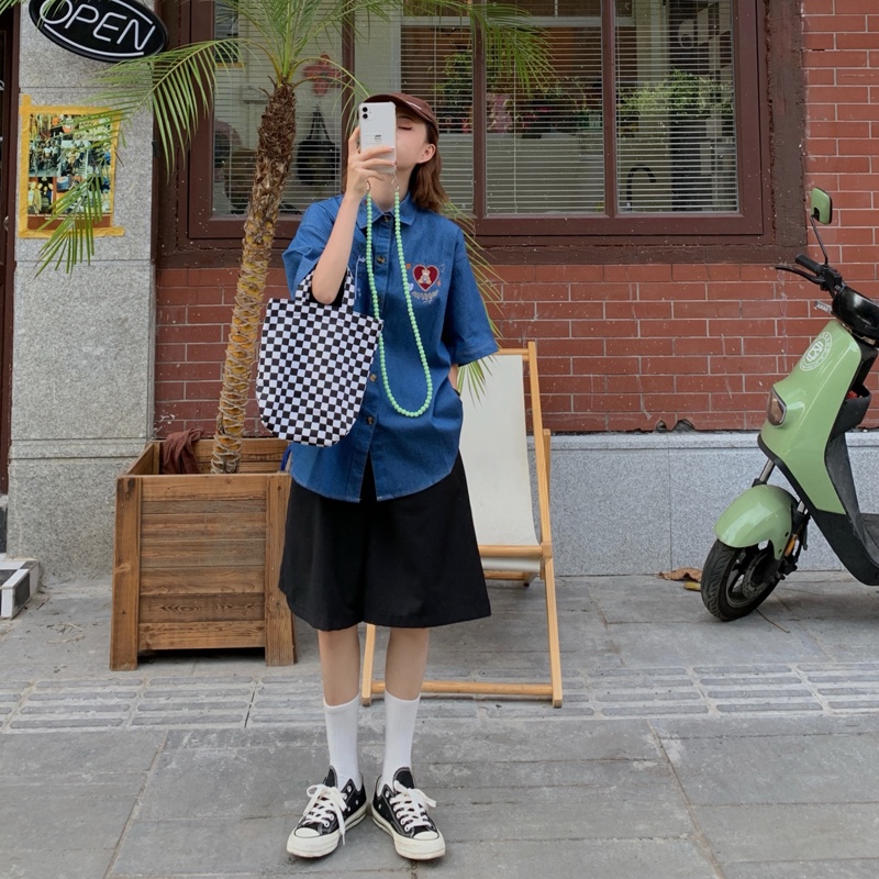  Áo sơ mi denim tay ngắn dáng rộng thêu họa tiết phong cách harajuku retro cho nữ | BigBuy360 - bigbuy360.vn
