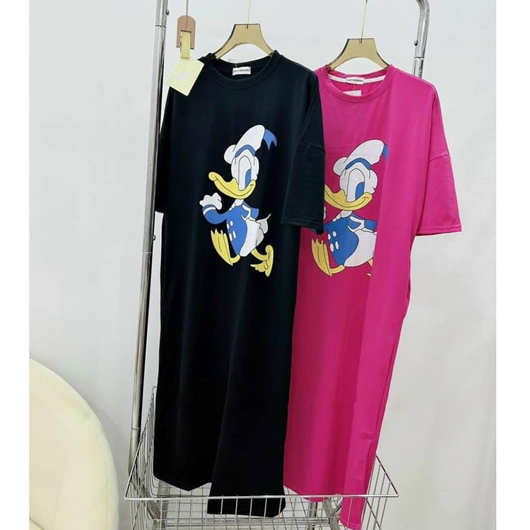 Đầm xuông cotton hình vịt donal form rộng Váy thun cổ tròn ngắn tay