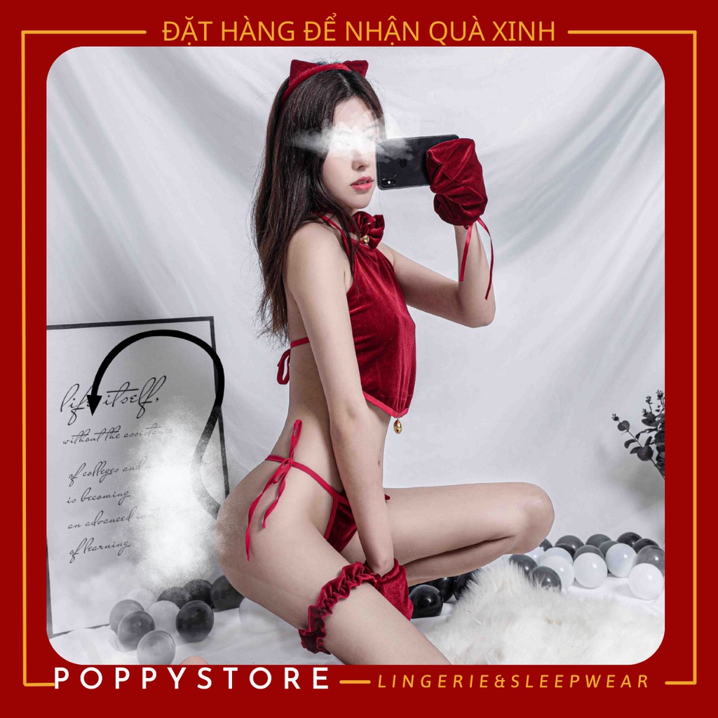 Full set Cosplay cô mèo cute gợi cảm chất liệu nhung kèm quần chip, ao yếm, đuôi mèo, cài tóc, bao tay / mua để nhận quà
