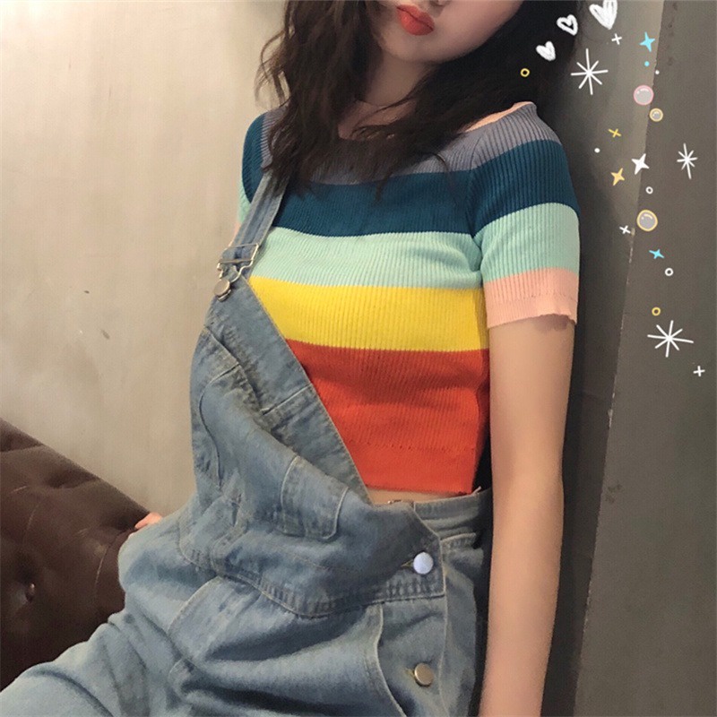 Áo thun ZHELIHANGFEI dệt kim tay ngắn kẻ sọc cầu vồng dễ thương