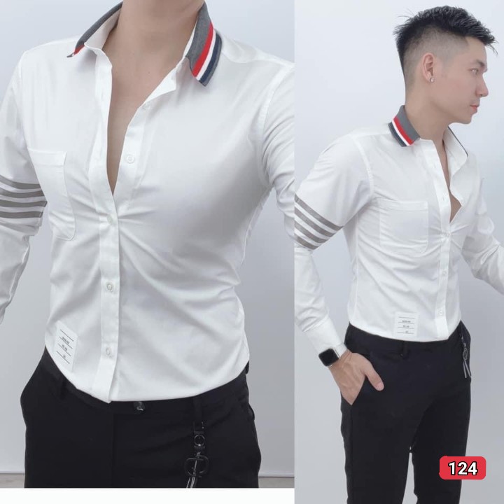 Áo sơ mi nam trắng dài tay phối viền cổ sọc tay áo phong cách,Áo cao cấp Jeannam99_fashion m124