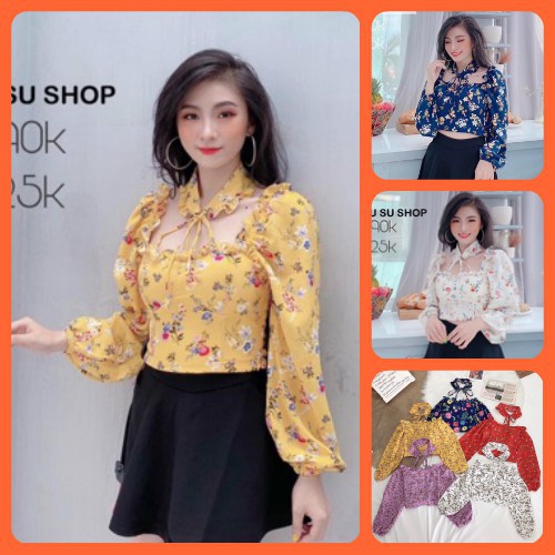Áo kiểu voan hoa kèm chocker cổ Hình thật trải sàn 100%