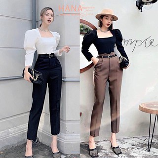 Quần baggy Hàn Quốc thiết kế cạp cao sẻ V kèm đai belt thắt lưng dây đai  - Màu Đen Nâu - Vải Vitex - Mặc công sở hẹn hò