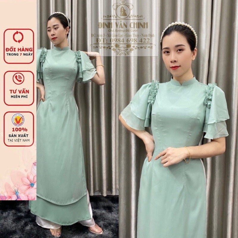 Áo dài tay bồng cánh tiên truyền thống_duy chinh-ADTG00022_tông màu xanh