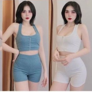 Sét bộ áo zip kéo &amp; quần đùi ôm lưng cao tập gym