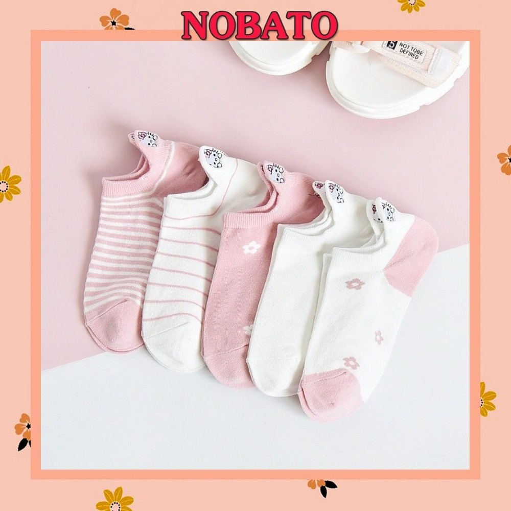 Set 5 đôi Tất cổ ngắn nữ Nobato Hello Kitty hồng cổ ngắn dễ thương TN79