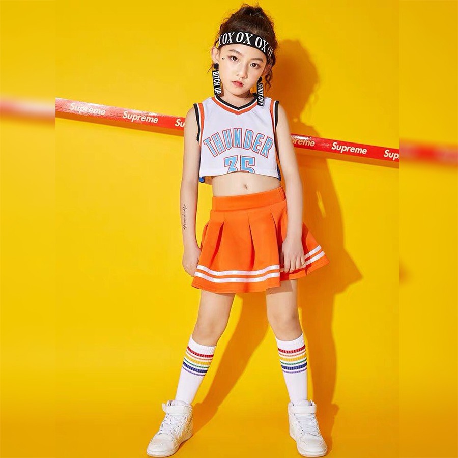 Trang phục nhảy hiện đại trẻ em - Set chân váy cam phối áo Crop Thunder 35