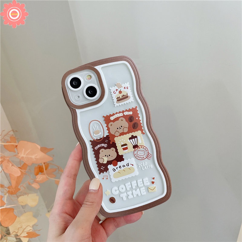 Wavy Edge Case Redmi 10 9T 9C NFC 9 9A 10A Redmi Note 10 11 10s 11s Note9 Note8 Note11s Note 10 Pro Max Plus Retro Vintage Cute Cartoon Bear Coffee Soft TPU Phone Cover