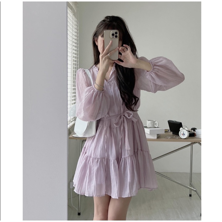 Váy tơ babydoll kèm dây đai tay bo thắt nơ cổ chuzme