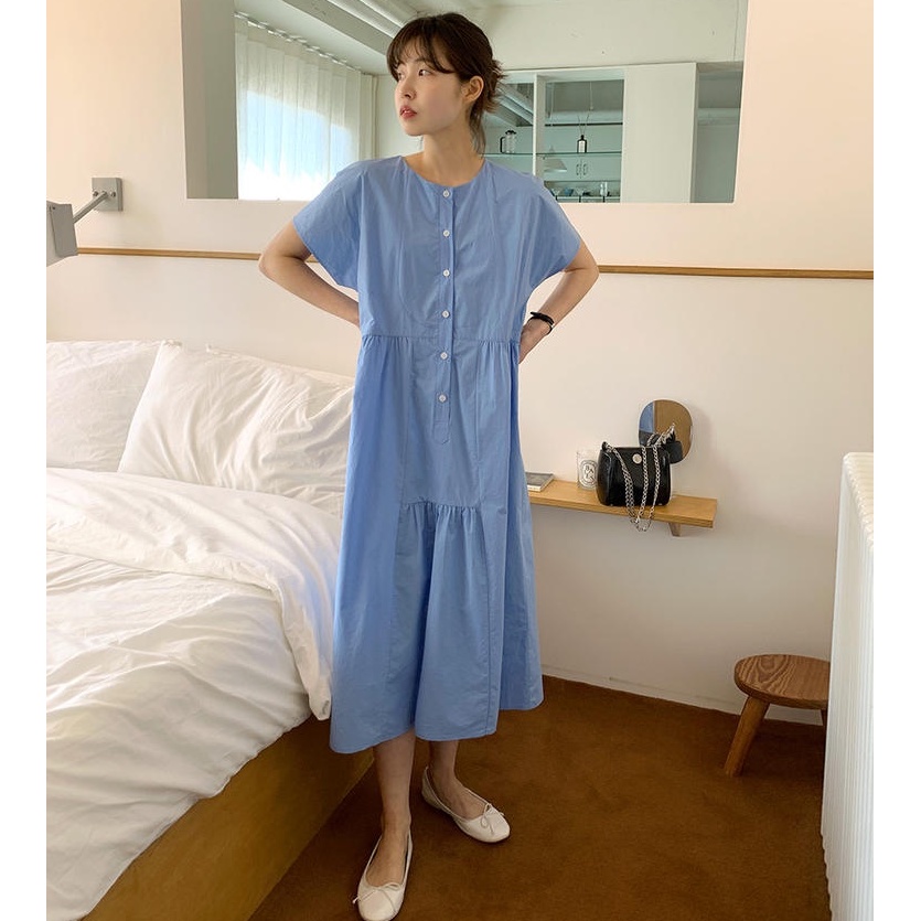 Đầm Tay Ngắn Cổ Tròn Màu Trơn Dáng Rộng 50465