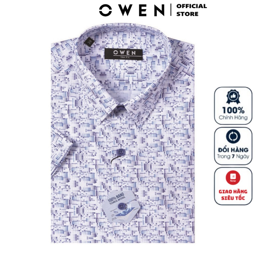 Áo Sơ Mi Nam Ngắn Tay Owen AS23094N Sơ Mi Cộc Tay Công Sở Cao Cấp Màu Trắng In Hình
