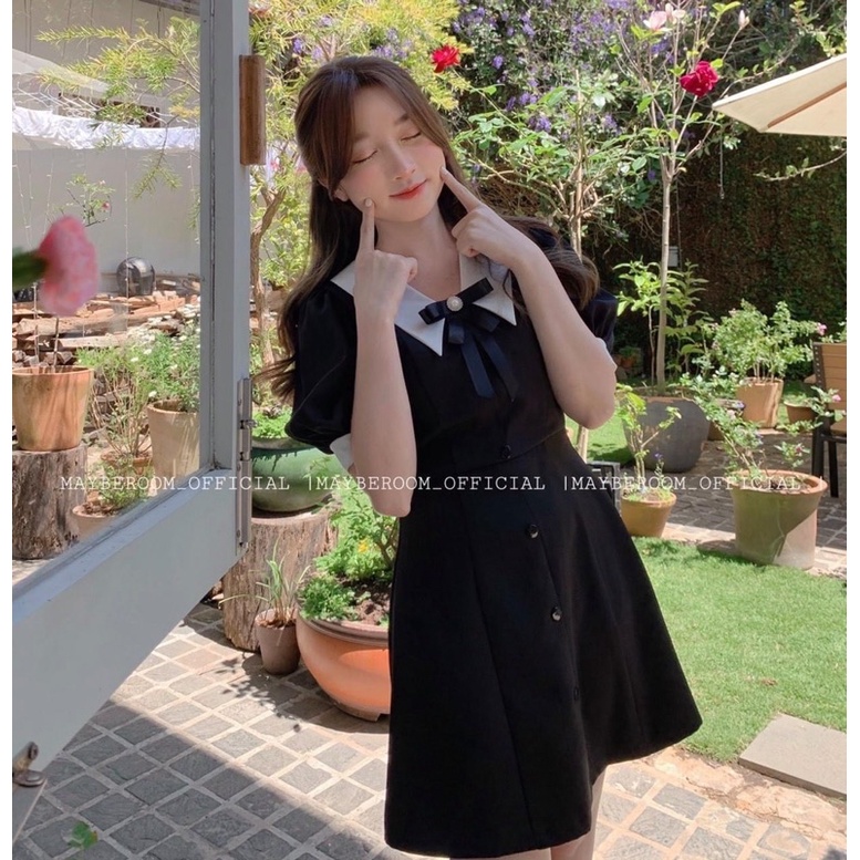 Đầm váy công sở màu đen dáng ngắn cổ nơ trắng hoạ tiết cúc dọc sang chảnh Aimee closet