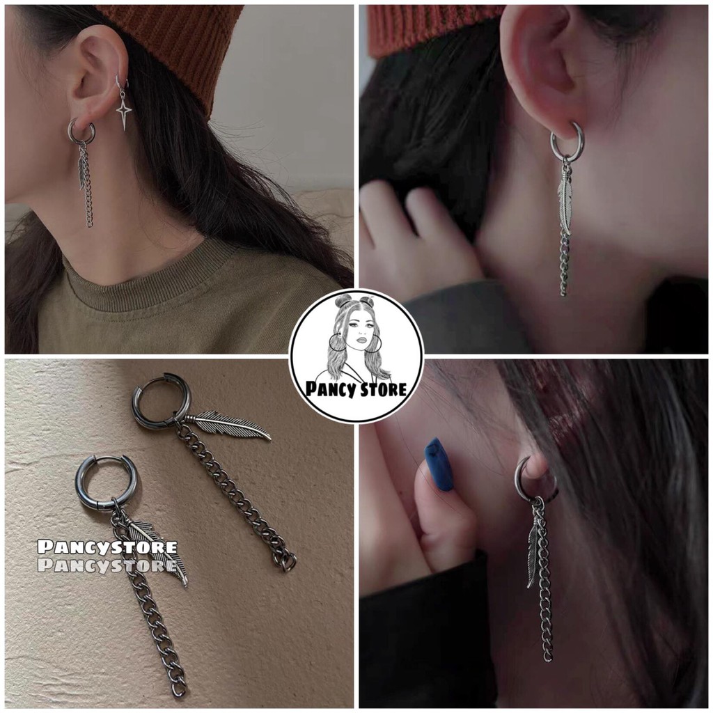 khuyên tai titan vòng xích chiếc lá không gỉ unisex