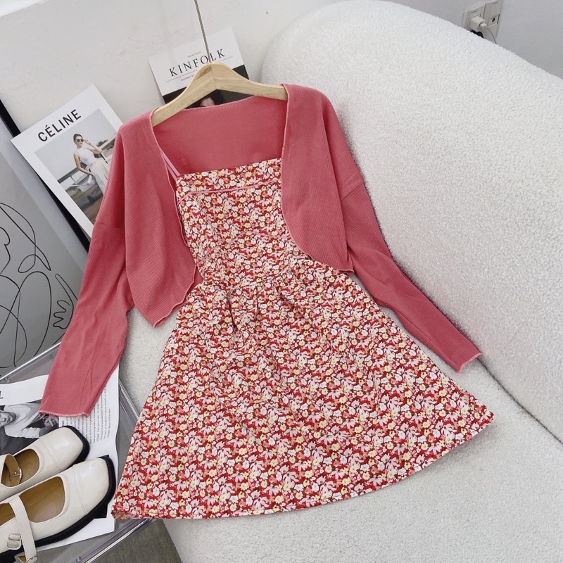SET ĐẦM HOA 2 DÂY + ÁO KHOÁC HỒNG