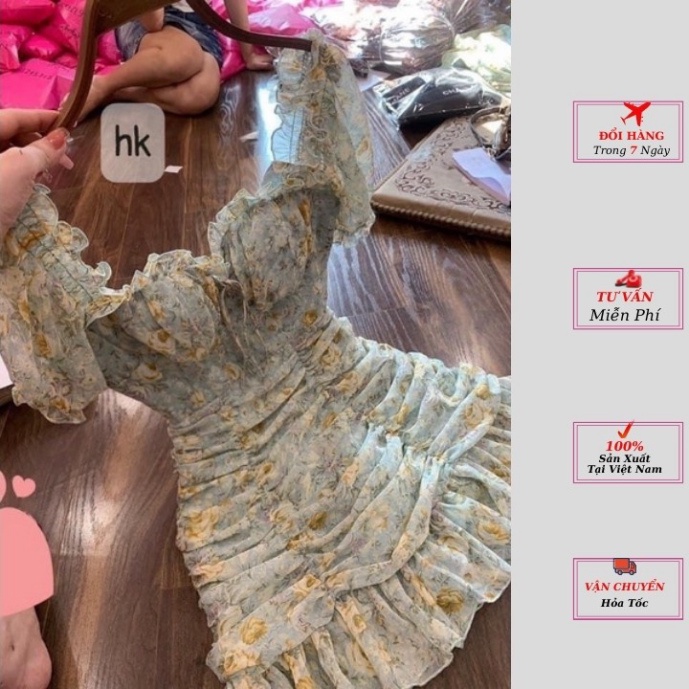 Váy voan hoa nhí hai lớp nhúm cổ vuông tay phồng có lót ngực màu xanh hàng cao cấp phong cách thời trang YoLo-Fashion -