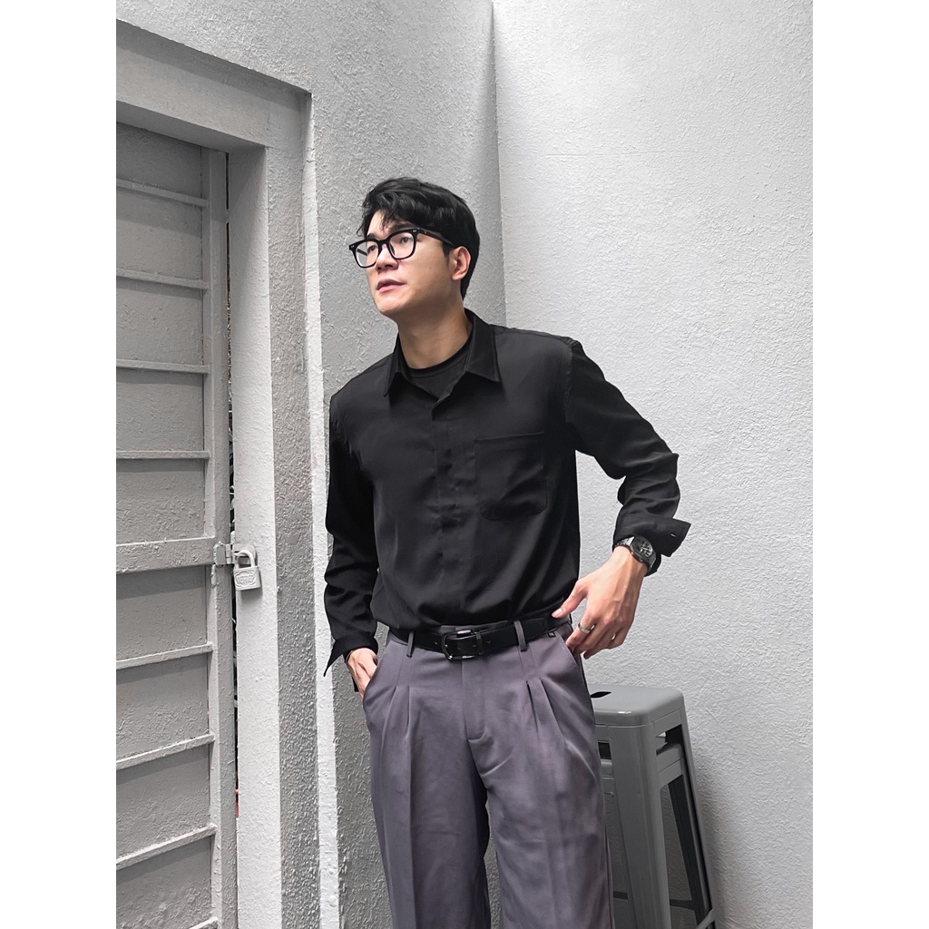 Áo sơ mi đen nam chất lụa tằm Hàn Quốc thương hiệu BAETON