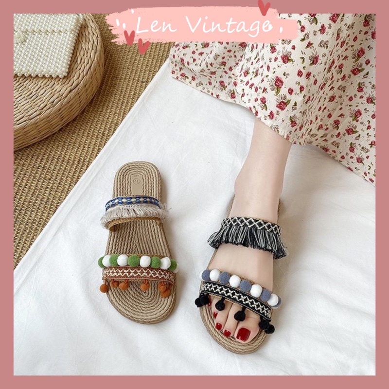 Sandal dép cói hoạ tiết Bohochic độc đáo du lịch vintage tua rua xinh xắn Lenvintage đế bằng