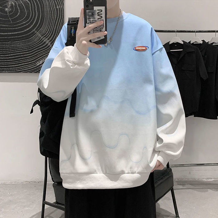 Áo Thun Nam Tay Dài Dáng Rộng Cổ Tròn Màu Gradient Phong Cách Đường Phố Hip Hop 2021