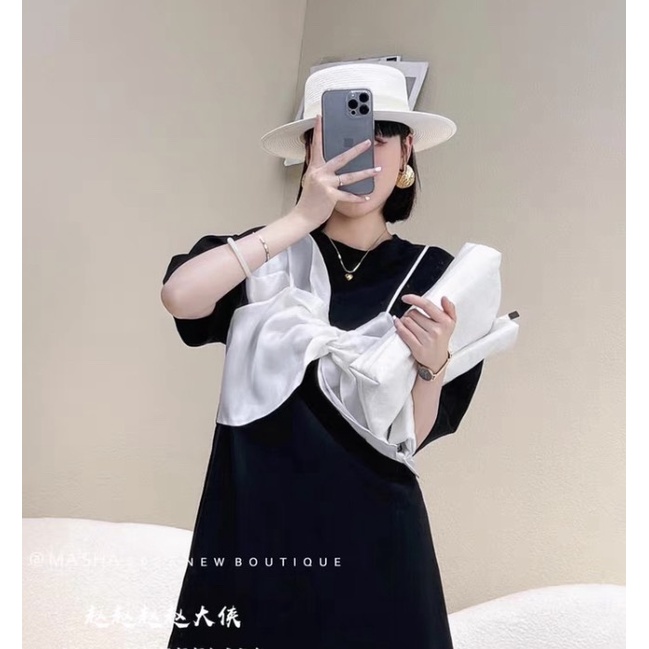Áo Phối Nơ Bánh Bèo Dáng Rộng Cổ Tròn Tay Lỡ Uzzlang Kiểu Dáng Hàn Quốc