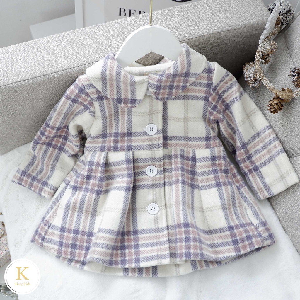 Áo khoác bé gái Kiwy Kids chất dạ lót lông kẻ ô cổ sen điệu đà Kids2144 cho bé từ 8 tháng đến 6 tuổi