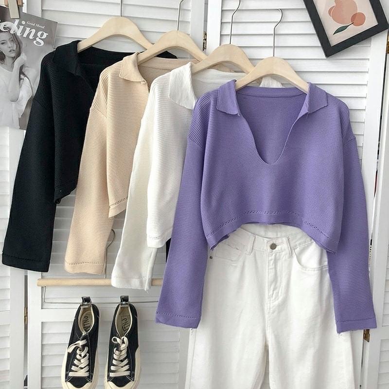 Áo croptop dệt kim tay dài cổ chữ V thời trang phong cách Hàn Quốc