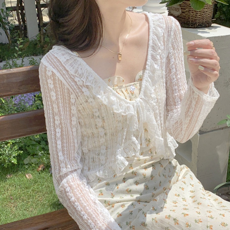 Áo Khoác Cardigan Tay Dài Phối Ren Lưới Thời Trang Cho Nữ