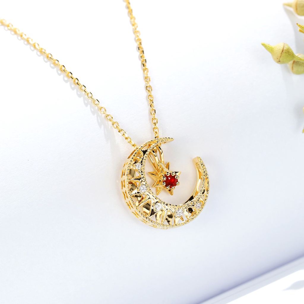 Vòng cổ Mạ Vàng 18K Mặt Hình Trăng Sao Đính Đá Ruby Màu Vàng Đa Năng-JHS2-P
