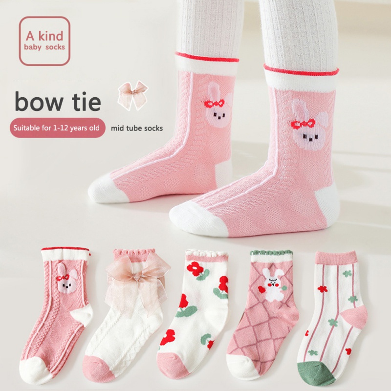 Set 5 Đôi Vớ Cổ Trung Họa Tiết Hoa Hoạt Hình Dễ Thương Cho Bé Gái