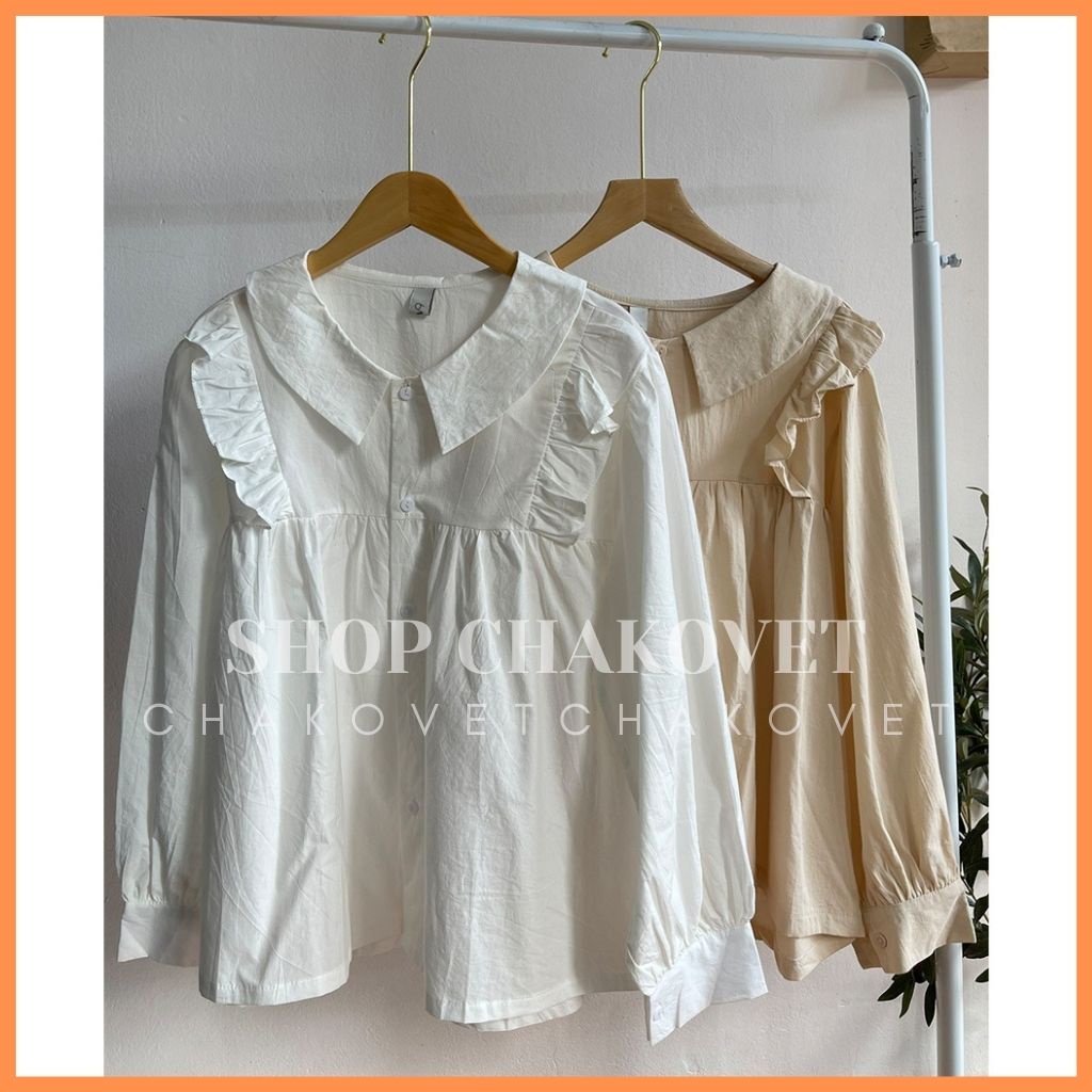 Áo sơ mi nữ dài tay form rộng CKA872, kiểu áo nữ cổ bẻ dáng babydoll trắng tiểu thư vai bèo mặc đi làm, đi học, đi chơi