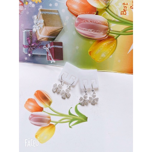 Khuyên tai treo túi tiền cỏ 4 lá bạc ta