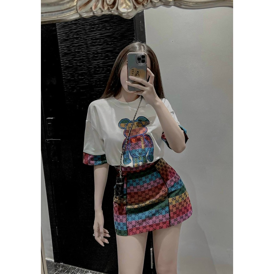 (FREESHIP)Sét thiết kế áo phông thêu gấu tay phối màu cực xinh mix chân váy bố phối màu sang chảnh,hàng chuẩn shop