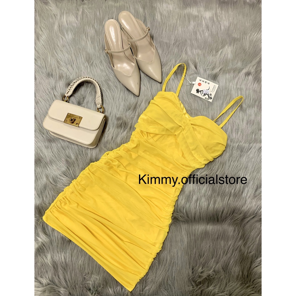 Váy Ôm Body Phối Lưới Có Mút Ngực 3 Màu Vàng Xám Hồng, Đầm Body Sexy 2 Dây