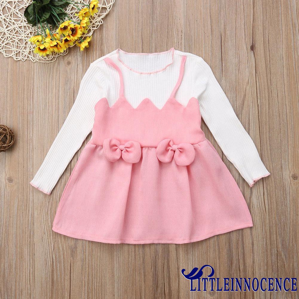 ❤XZQ-Toddler Kid Baby Girl Pink Long Sleeve Bowknot Princess Dress Skirt Party Outfits