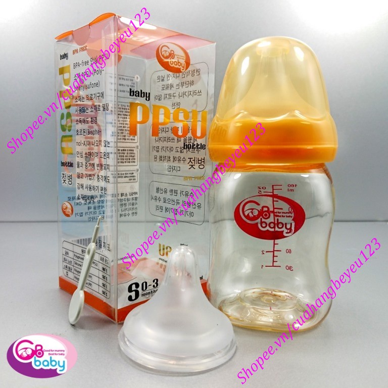 Bình sữa 160ml Cổ rộng PPSU Cao cấp GB Baby (Tặng 1 núm ty GB-baby, Que thông tắc sữa)