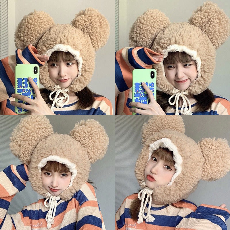 Mũ Lông Cừu Lót nỉ Kèm Tai Siêu Cute Dễ Thương