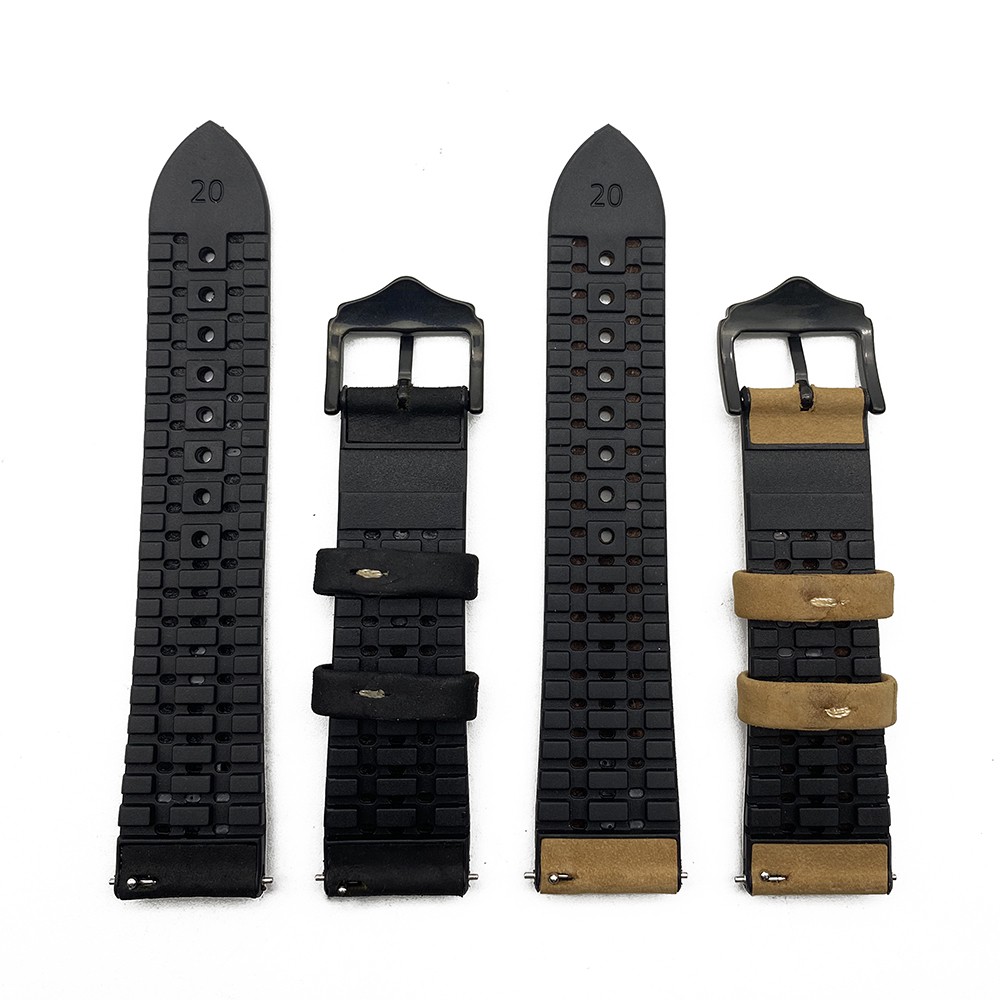Dây Da + Silicon Chất Lượng Cao Có Khóa Cài Màu Đen 20mm 22mm Cho Đồng Hồ
